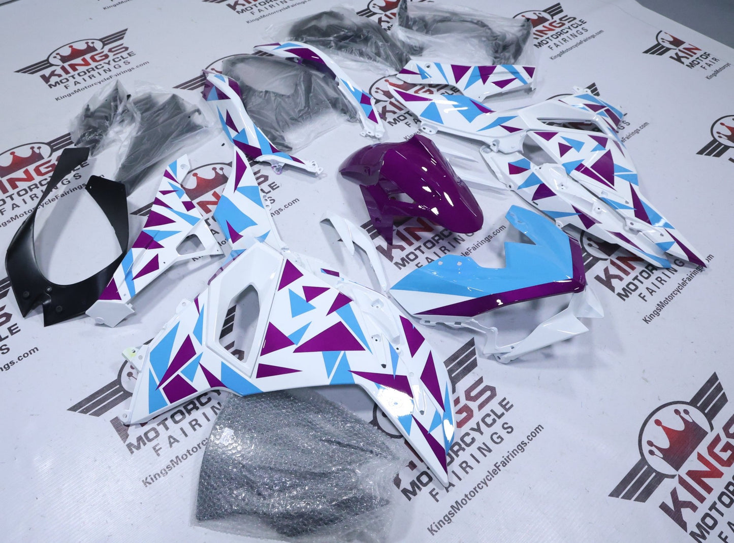 Kawasaki Ninja 500 Fairings (2024-2025) White, Blue, Purple Geometric from KingsMotorcycleFairings.com