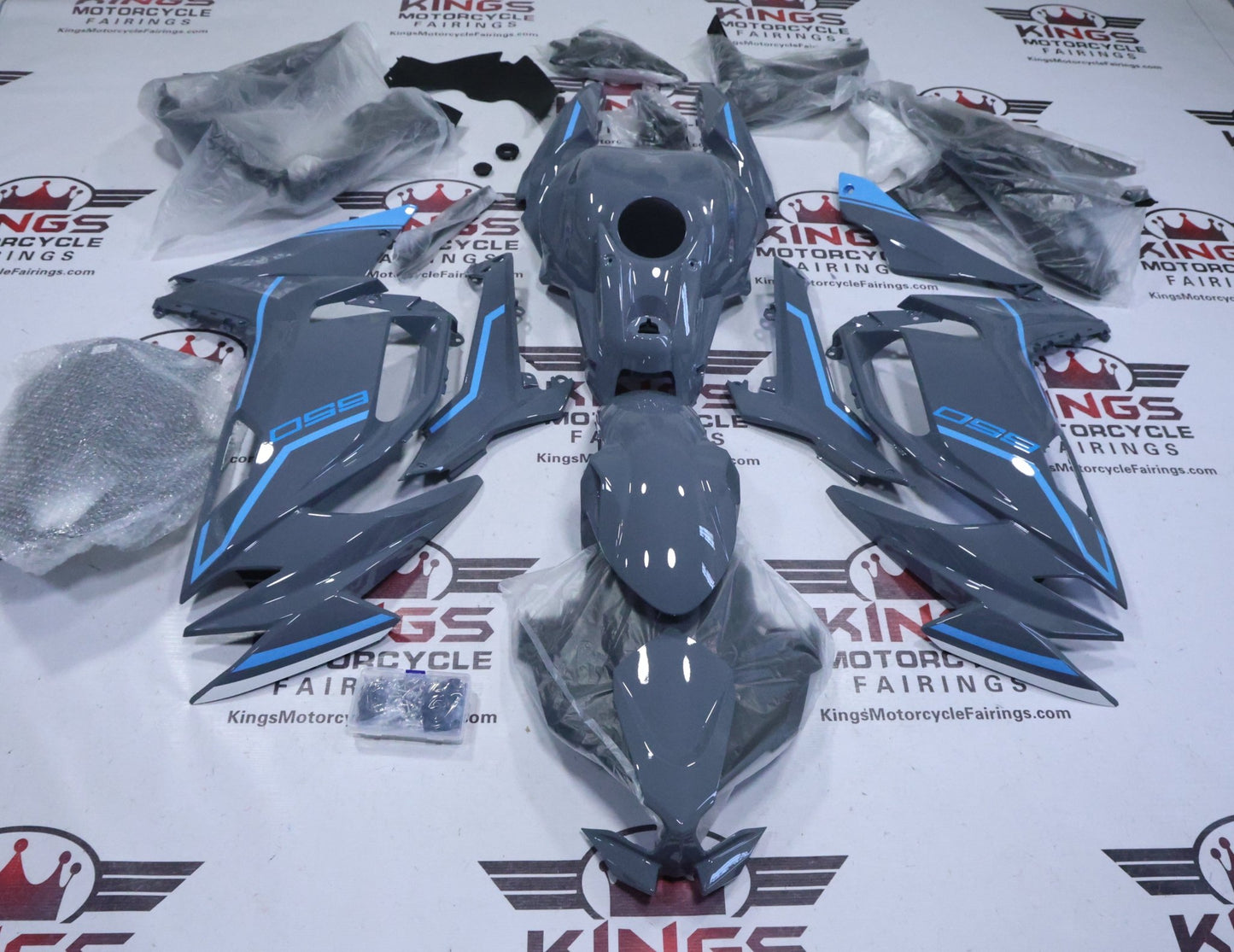 Kawasaki Ninja 650 Fairing Kits (2020-2025) Nardo Gray, Blue Stripes at KingsMotorcycleFairings.com