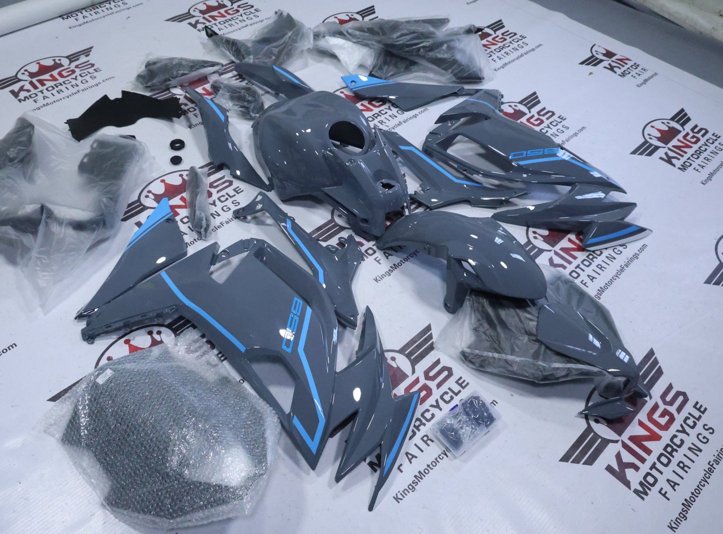 Kawasaki Ninja 650 Fairing Kits (2020-2025) Nardo Gray, Blue Stripes from KingsMotorcycleFairings.com