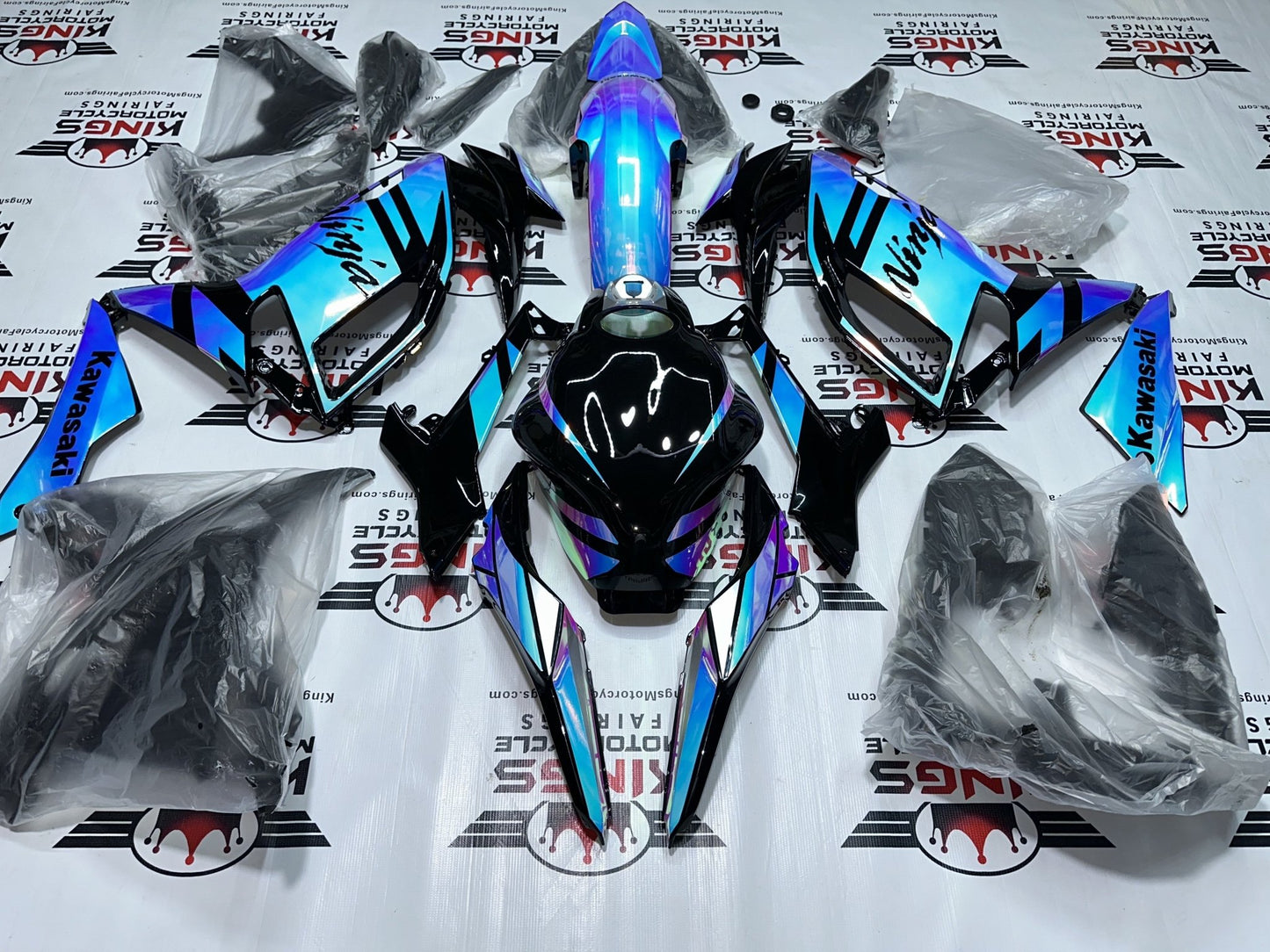 Kawasaki Ninja 650 Fairing Set (2020-2025) Chrome Chameleon, Blue, Pink at KingsMotorcycleFairings.com