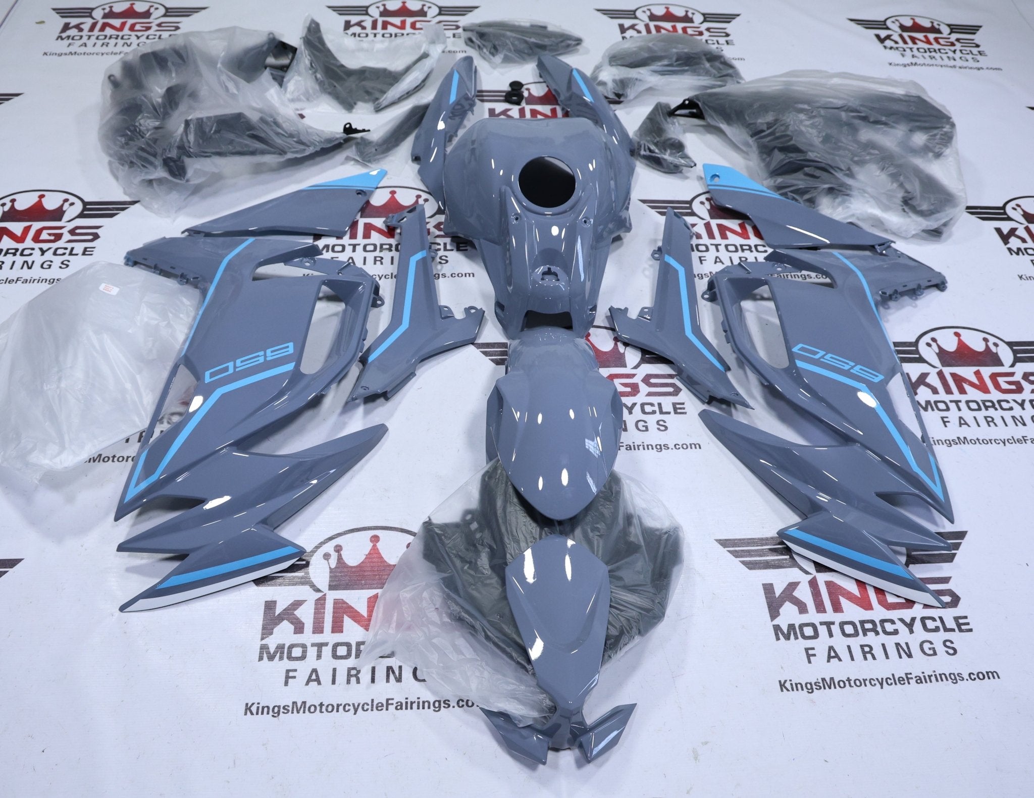 Kawasaki Ninja 650 Fairings (2020-2025) Gray, Blue Stripes at KingsMotorcycleFairings.com