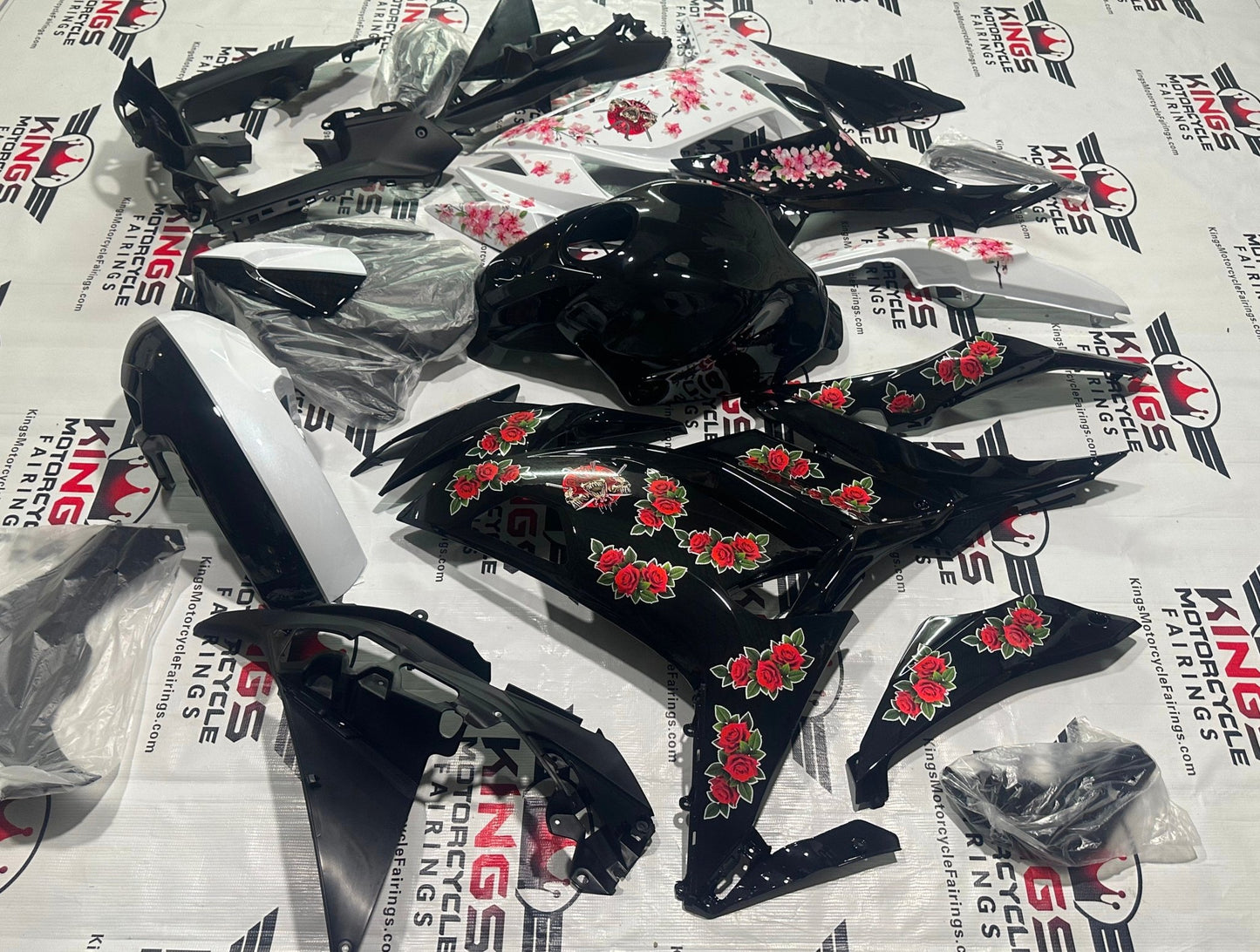 Kawasaki Ninja 650R Fairing kit (2020-2023) Black Rose, White Blossom at KingsMotorcycleFairings.com