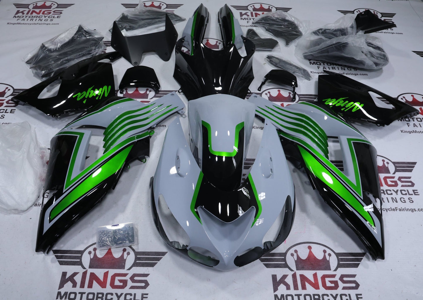 Kawasaki Ninja ZX-14R Fairings (2006-2011) Nardo Gray, Green Stripe, Black at KingsMotorcycleFairings.com