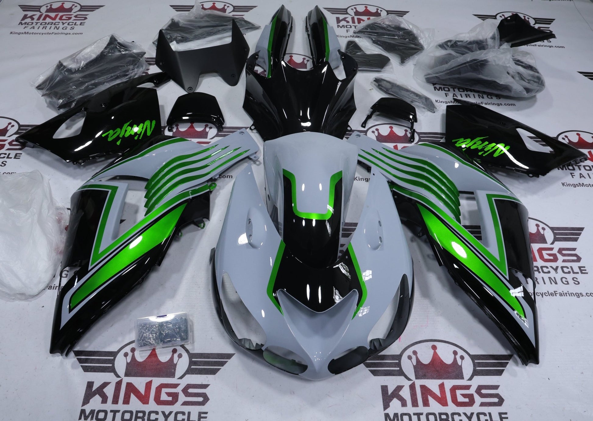 Kawasaki Ninja ZX-14R Fairings (2006-2011) Nardo Gray, Green Stripe, Black at KingsMotorcycleFairings.com