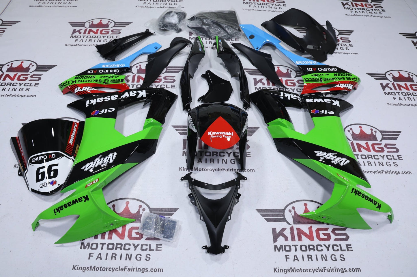 Kawasaki Ninja ZX10R Fairings (2008-2010) Green, Black Motocard Elf from KingsMotorcycleFairings.com