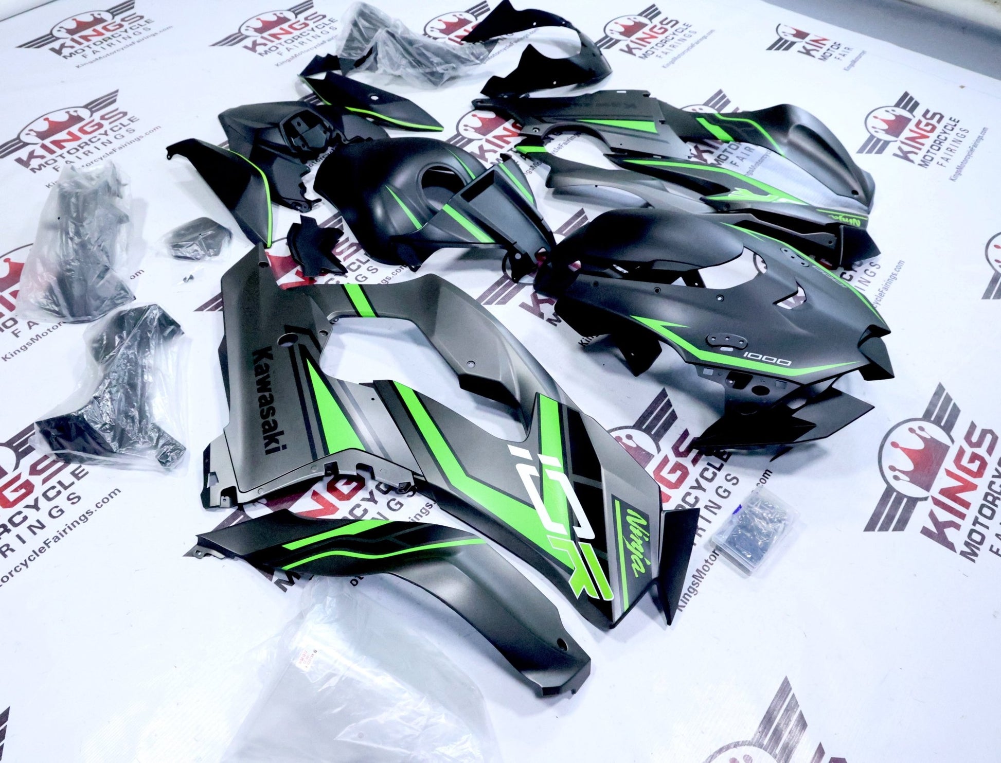 Kawasaki Ninja ZX10R Fairings (2021-2025) Matte Black, Gray, Green Stripe at KingsMotorcycleFairings.com