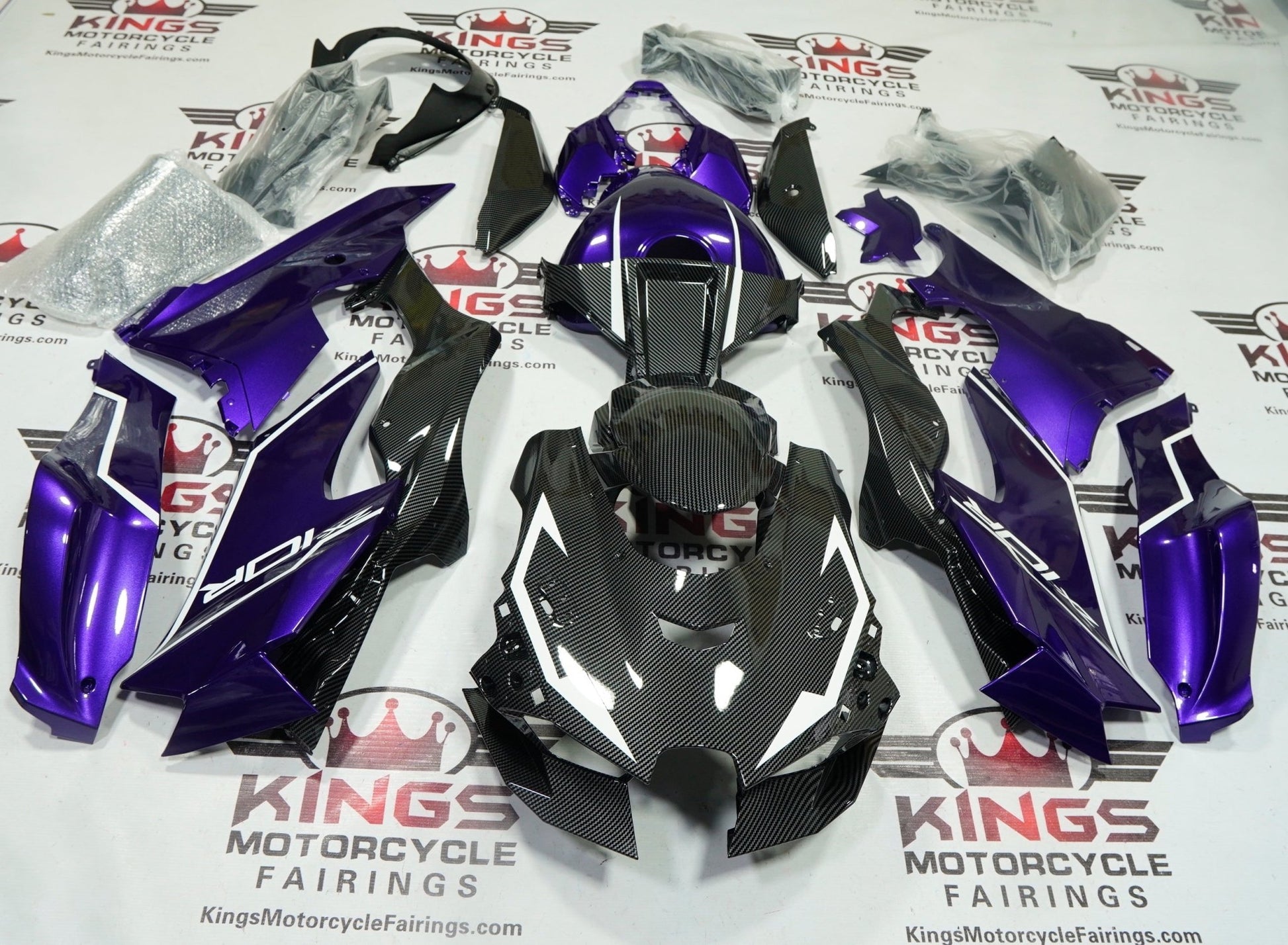 Kawasaki Ninja ZX10R Fairings (2021-2025) Purple, Faux Carbon Fiber, White at KingsMotorcycleFairings.com