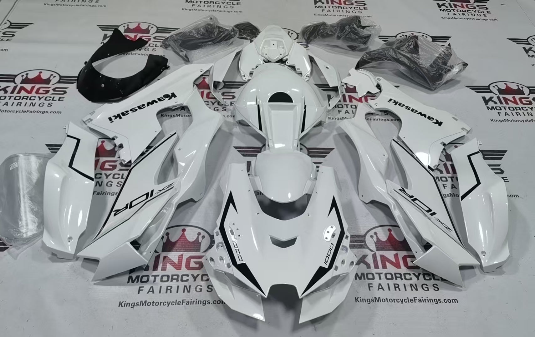 Kawasaki Ninja ZX10R Fairings (2021-2025) White, Black Striping from KingsMotorcycleFairings.com