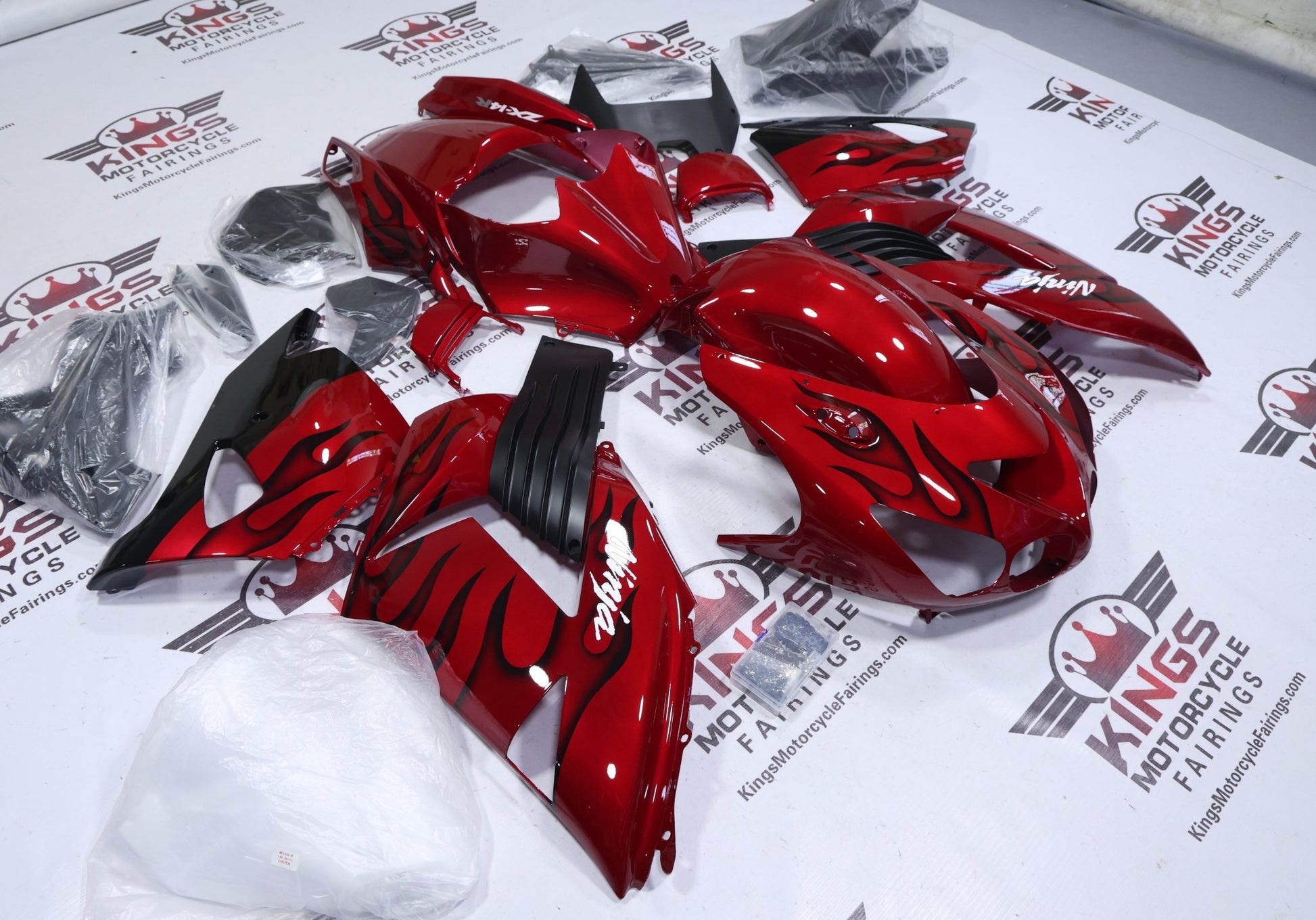 Kawasaki Ninja ZX14R Fairing Set (2006-2011) Candy Red, Black Flames at KingsMotorcycleFairings.com