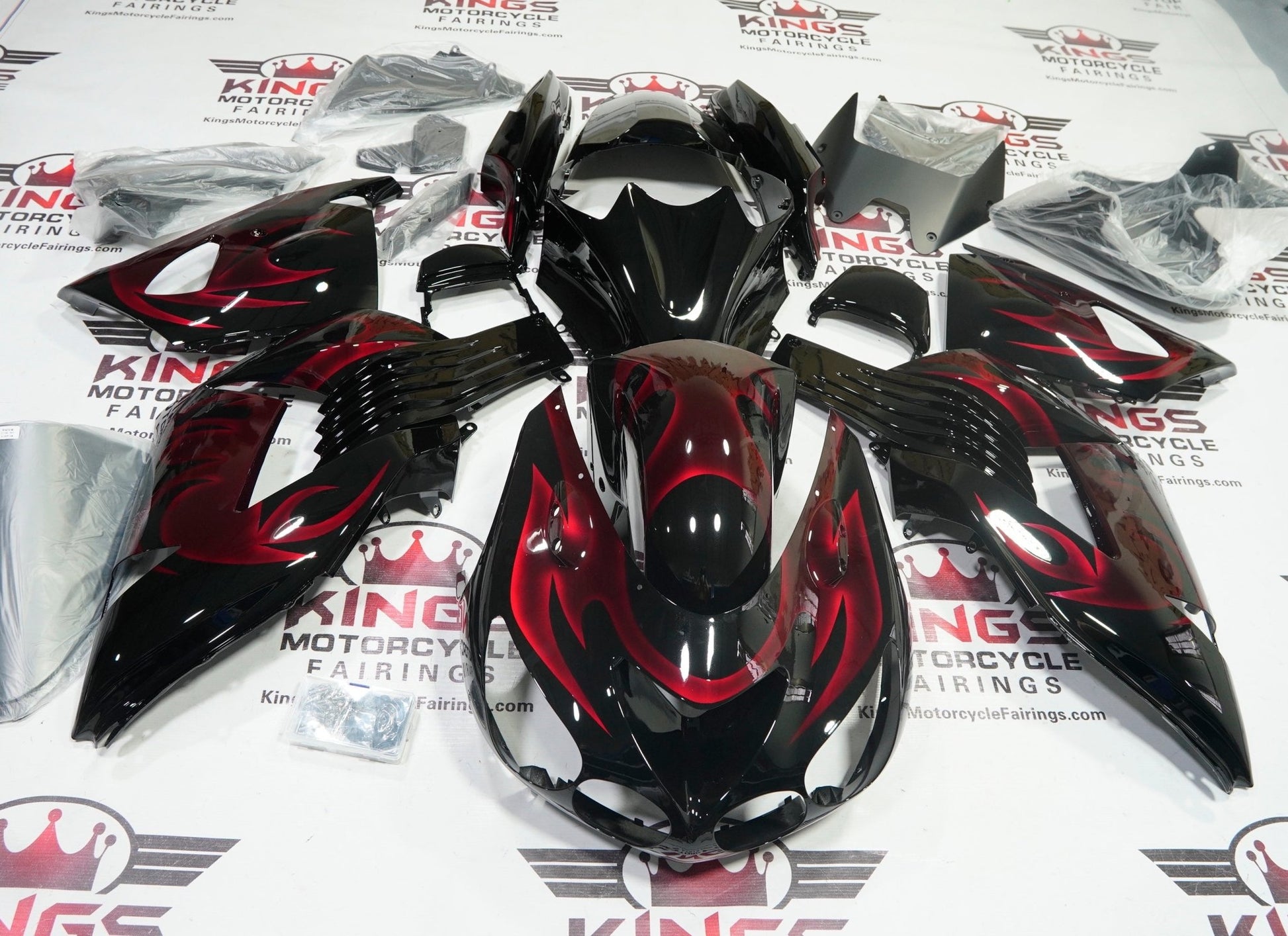 Kawasaki Ninja ZX14R Fairings (2006-2011) Black, Candy Red Flames at KingsMotorcycleFairings.com