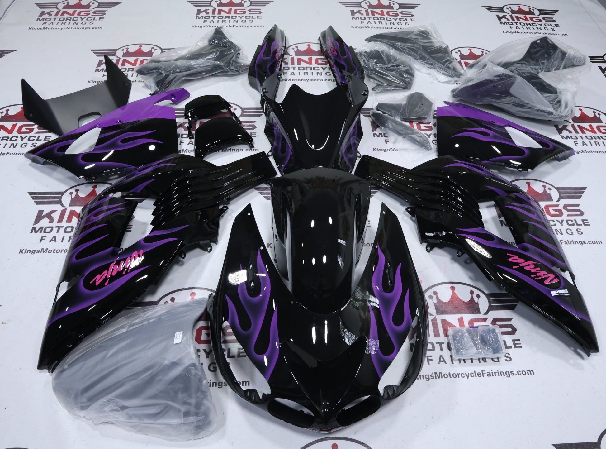 Kawasaki Ninja ZX14R Fairings (2006-2011) Black, Purple Flames at KingsMotorcycleFairings.com
