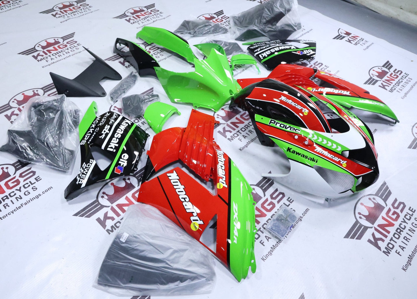 Kawasaki Ninja ZX14R Fairings (2006-2011) Green, Red, Motocard at KingsMotorcycleFairings.com