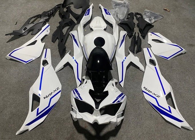 Kawasaki Ninja ZX4R Fairings (2019-2025) White, Blue Stripes at KingsMotorcycleFairings.com