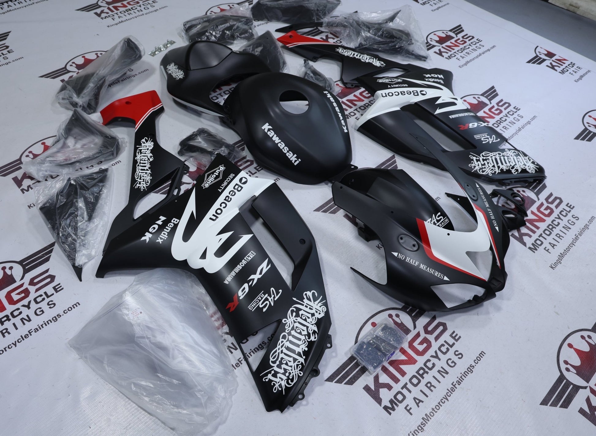 Kawasaki Ninja ZX6R 636 Fairings (2007-2008) Matte Black, White, Red Beacon from KingsMotorcycleFairings.com