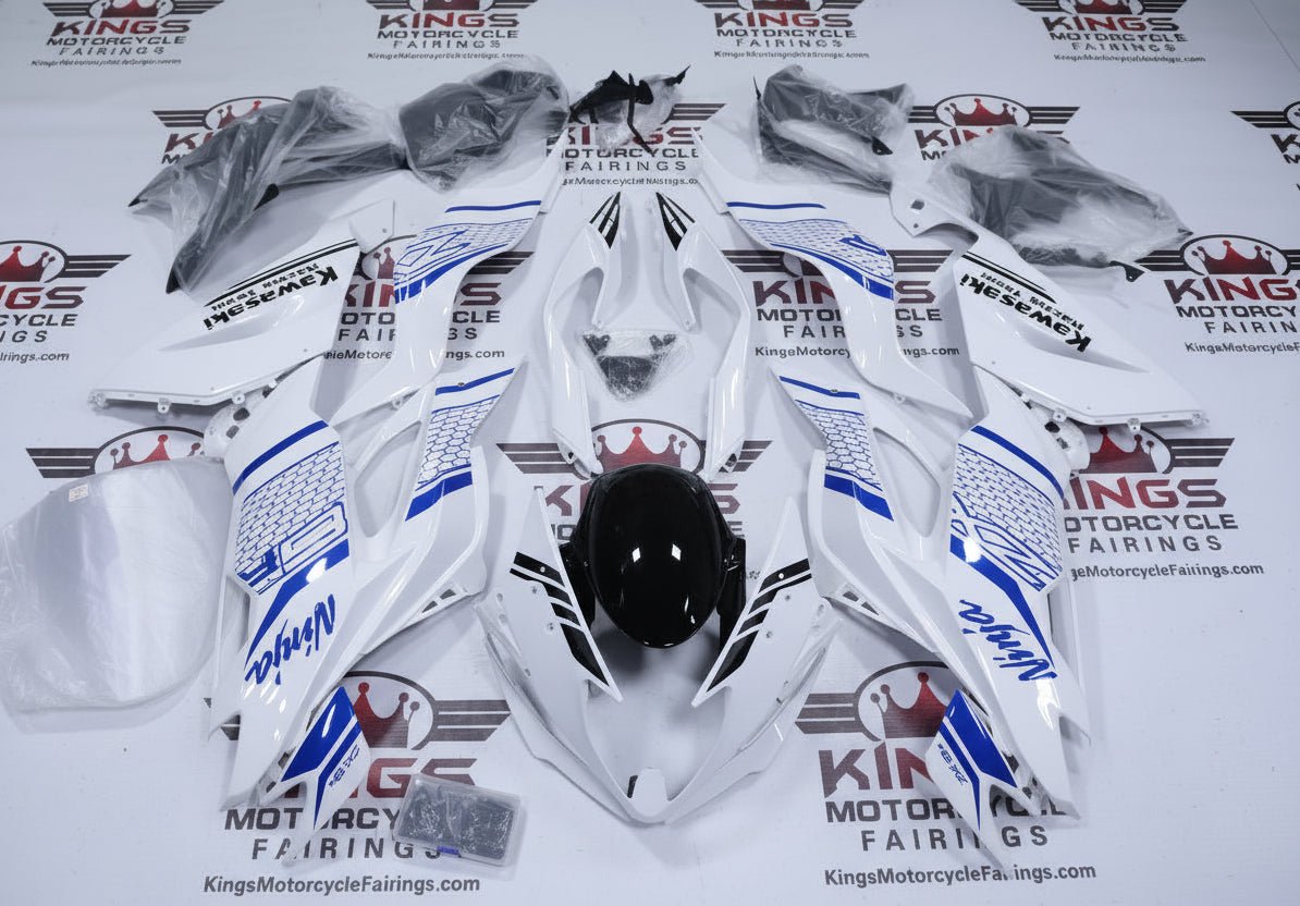 Kawasaki Ninja ZX6R Fairings (2019-2023) White, Blue, Black, Honeycomb at KingsMotorcycleFairings.com