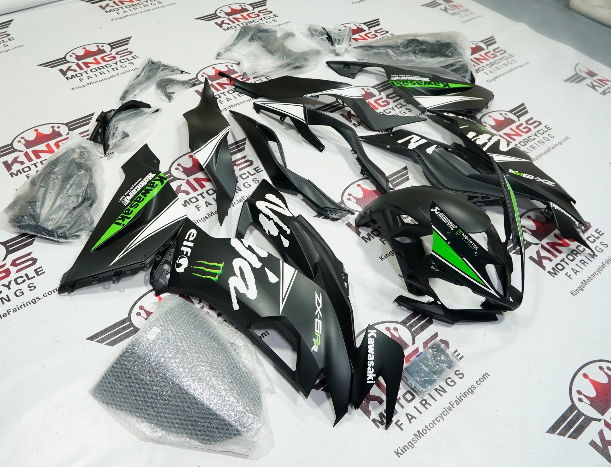Kawasaki Ninja ZX6R (2019-2023) Matte Black, Green, White Elf at KingsMotorcycleFairings.com