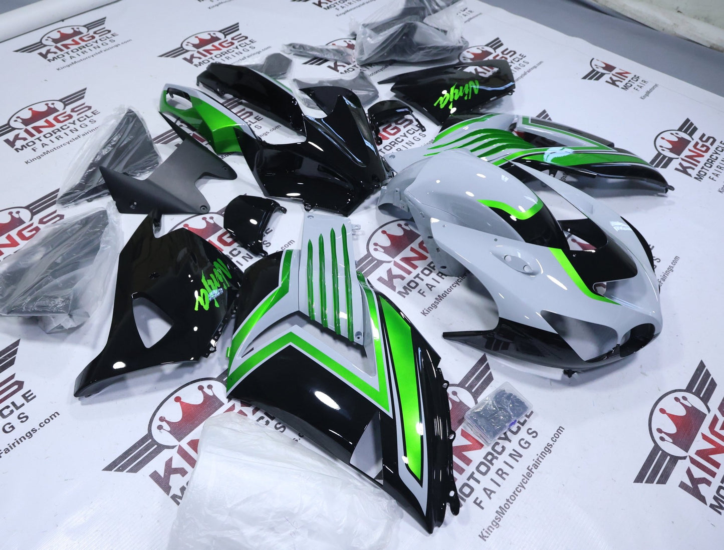 Kawasaki ZX-14R Fairings (2006-2011) Nardo Gray, Green Stripe, Black at KingsMotorcycleFairings.com
