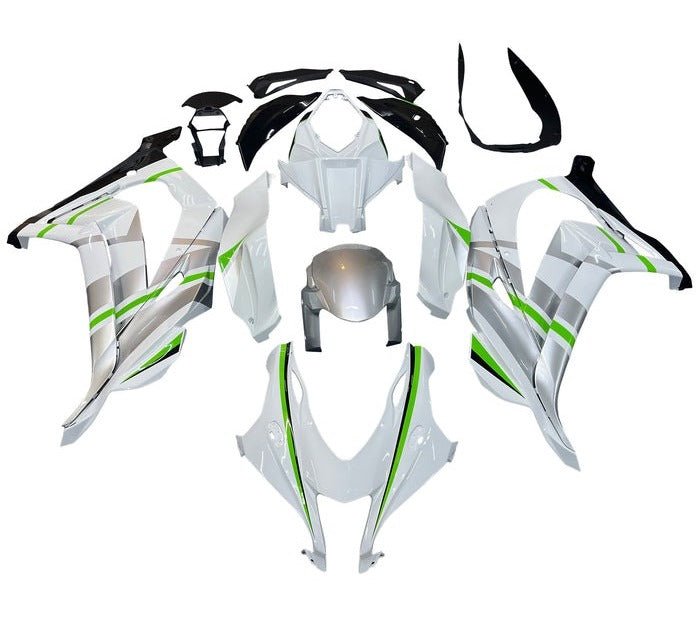 Kawasaki ZX10R Fairings (2016-2020) White, Silver, Green Stripe at KingsMotorcycleFairings.com