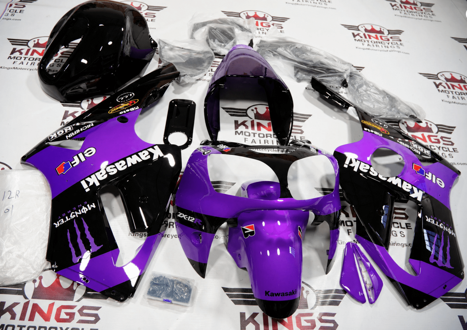 Kawasaki ZX12R Fairings (2000-2001) Purple, Black Monster Energy at KingsMotorcycleFairings.com