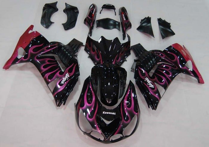 Kawasaki ZX-14R Fairings (2006-2011) Gloss Black, Pink Flames at KingsMotorcycleFairings.com