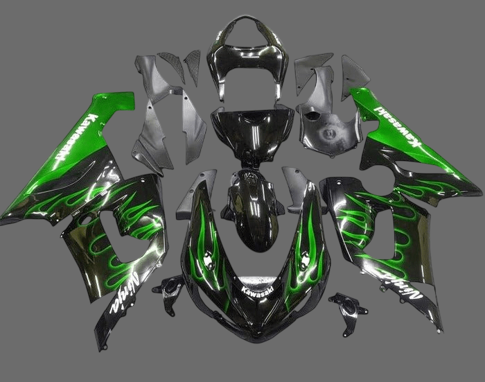 Kawasaki ZX6R 636 Fairings (2005-2006) Black, White, Green Flames at KingsMotorcycleFairings.com
