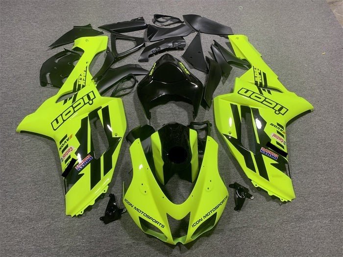 Kawasaki ZX6R 636 Fairings (2007-2008) Neon Yellow, Black Icon at KingsMotorcycleFairings.com