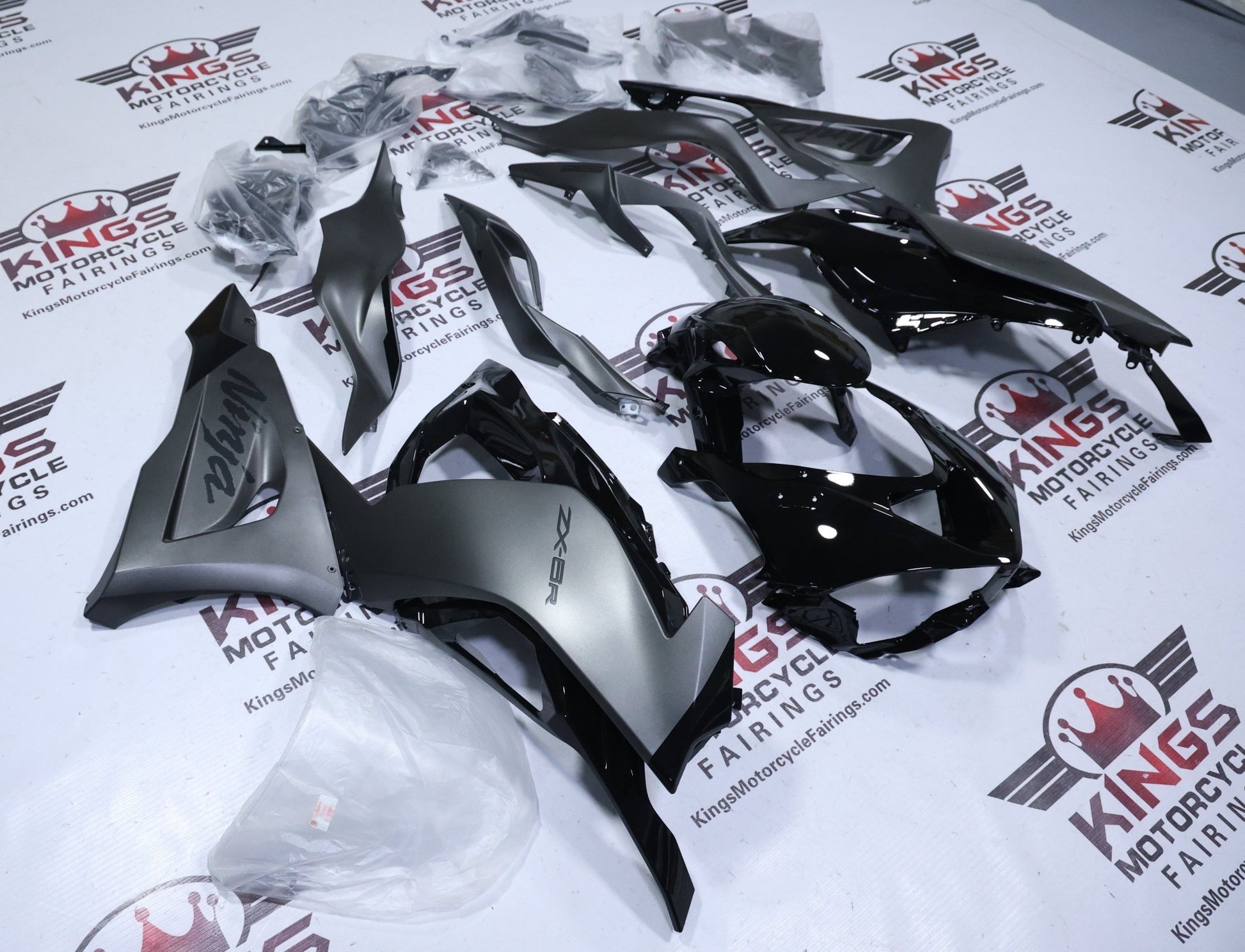 Kawasaki ZX6R Fairing Kit (2019-2023) Matte Gray, Gloss Black at KingsMotorcycleFairings.com