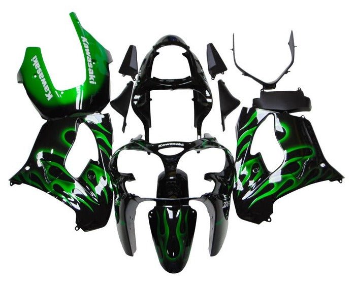 Kawasaki ZX9R Fairings (2002-2003) Black, Green, White, Flames at KingsMotorcycleFairings.com