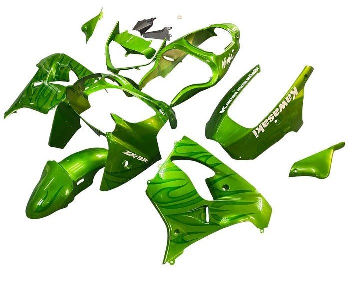 Kawasaki ZX9R Fairings (2002-2003) Green Flames at KingsMotorcycleFairings.com