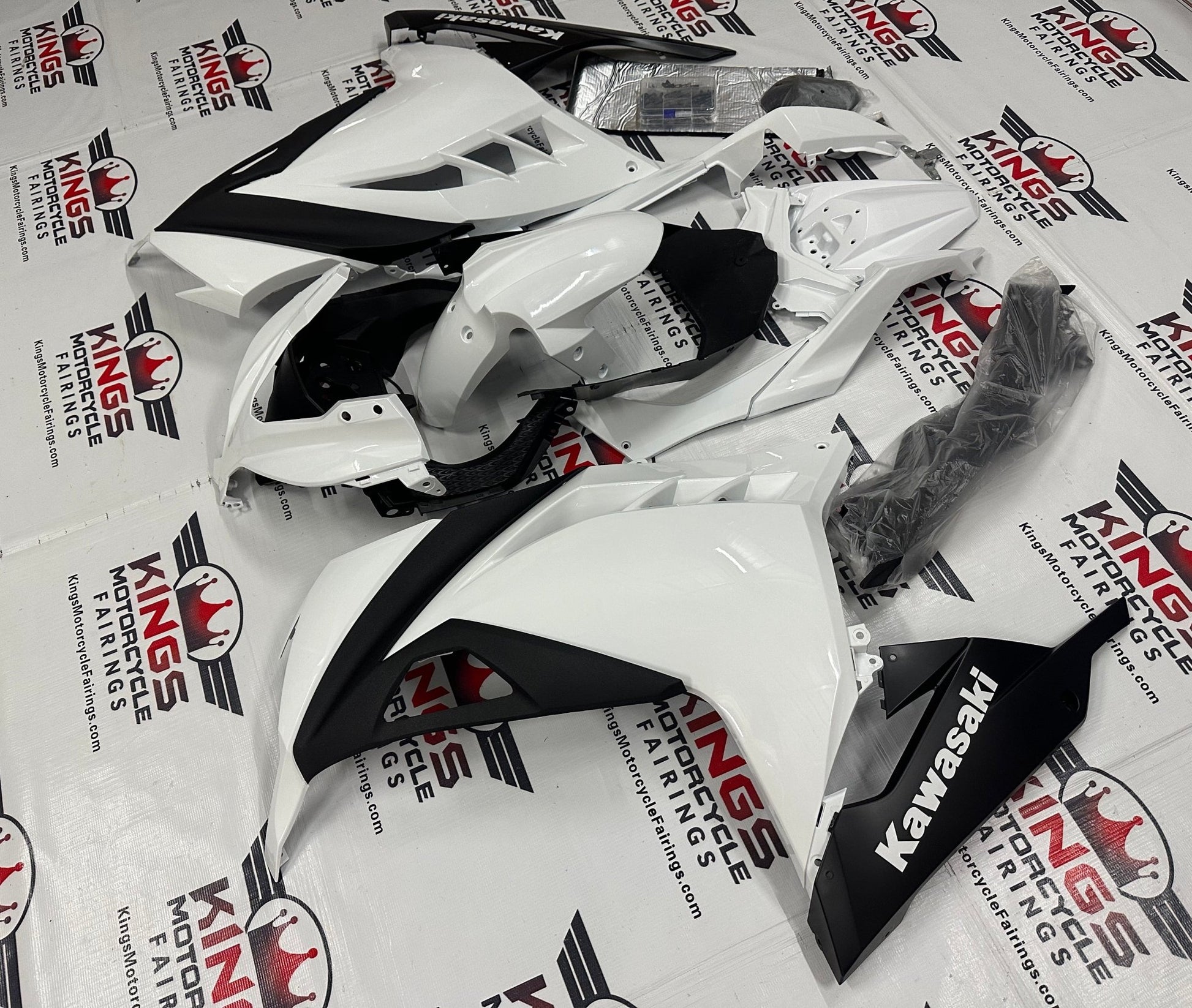 Kawasaki Ninja 300 Fairings (2013-2024) Pearl White, Black at KingsMotorcycleFairings.com