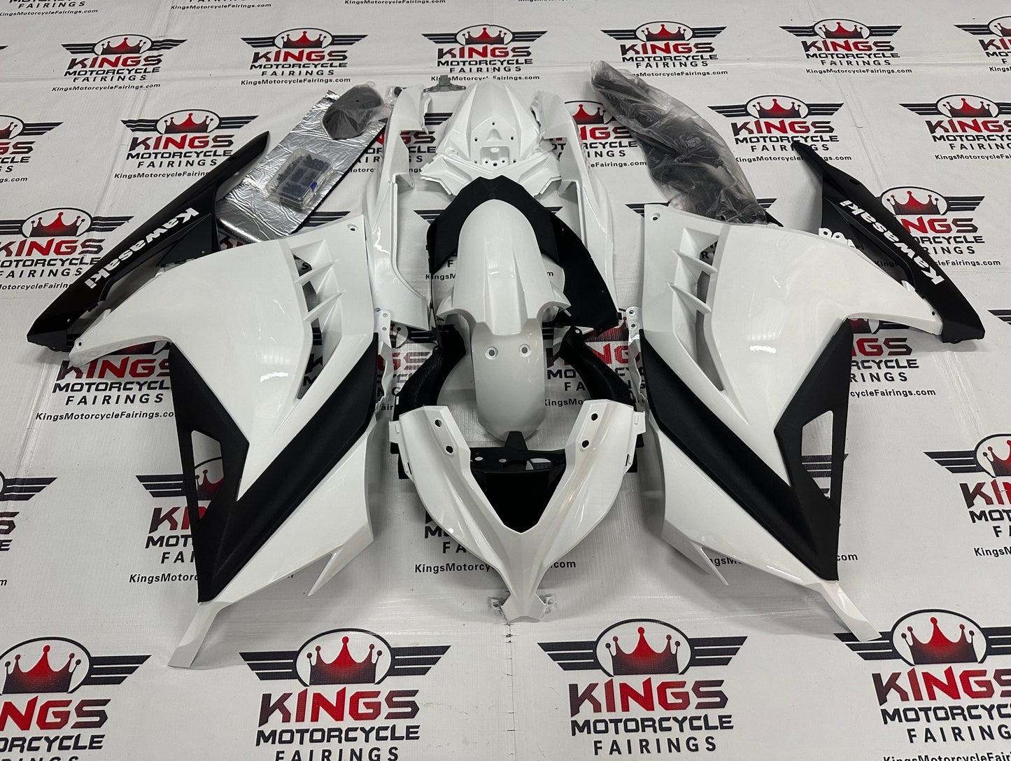 Kawasaki Ninja 300 Fairings (2013-2024) Pearl White, Black at KingsMotorcycleFairings.com