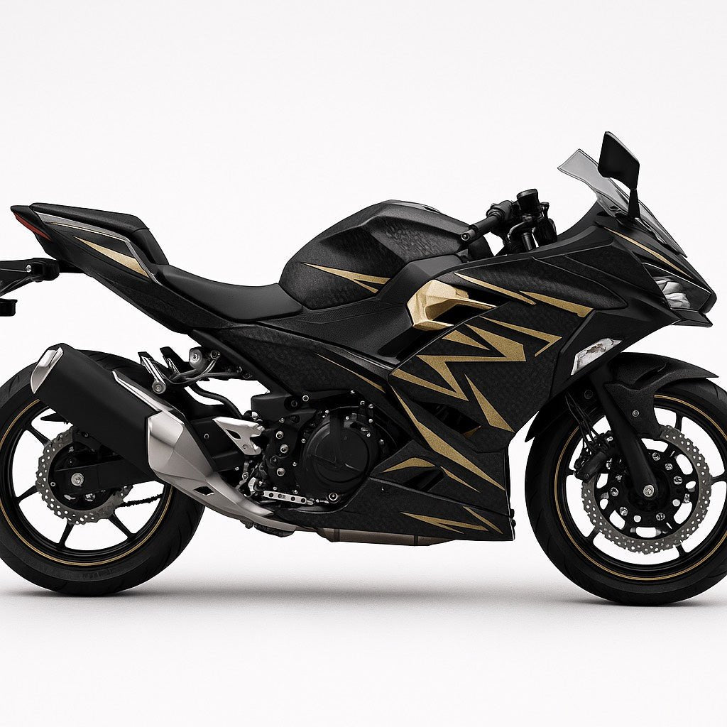 Kawasaki Ninja 400 Fairings (2018-2023) Matte Black, Matte Gold form KingsMotorcycleFairings.com