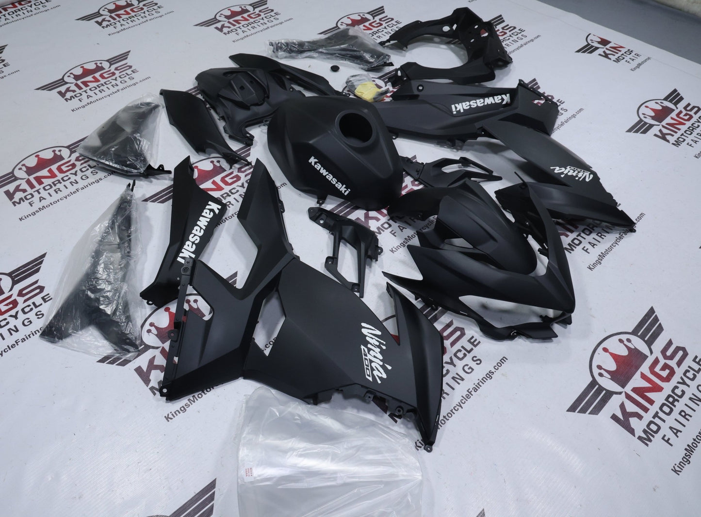 Kawasaki Ninja 400 Fairings (2018-2023) Matte Black, White from KingsMotorcyceFairings.com