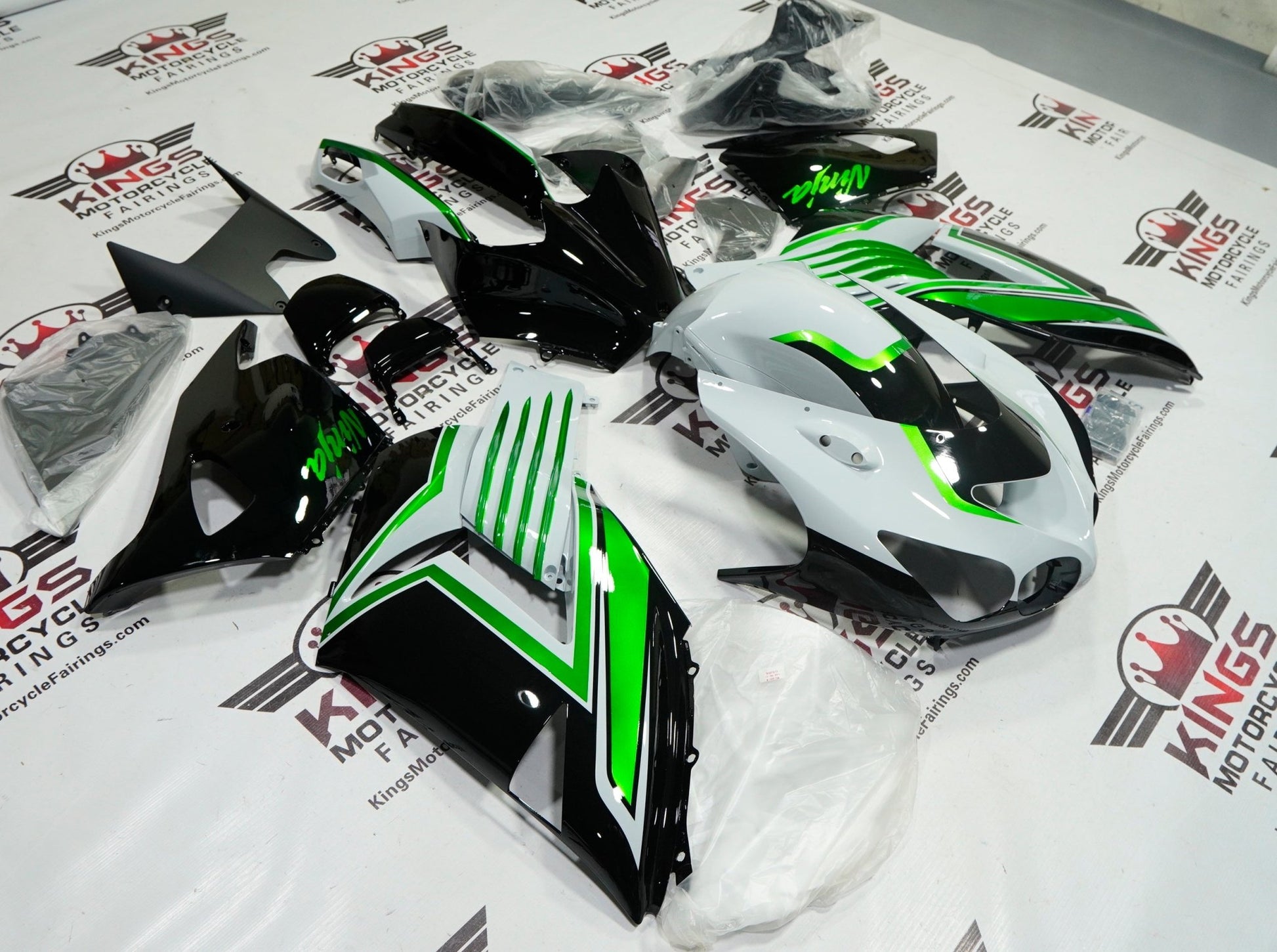 Kawasaki Ninja ZX14R Fairing Kit (2006-2011) Light Gray, Green, Black at KingsMotorcycleFairings.com