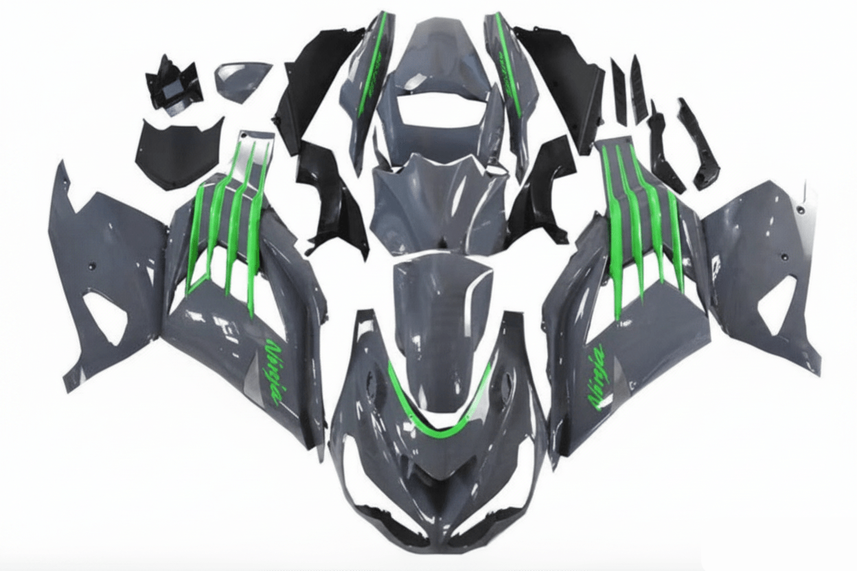Kawasaki Ninja ZX14R Fairing Kit (2012-2024) Nardo Gray, Green at KingsMotorcycleFairings.com