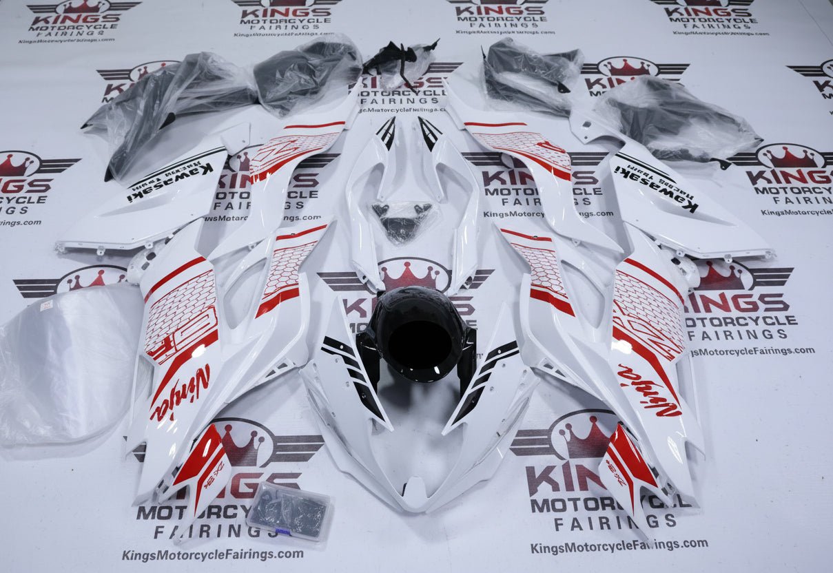 Kawasaki ZX6R 636 Fairings (2019-2023) White, Red, Black Honeycomb, at KingsMotorcycleFairings.com
