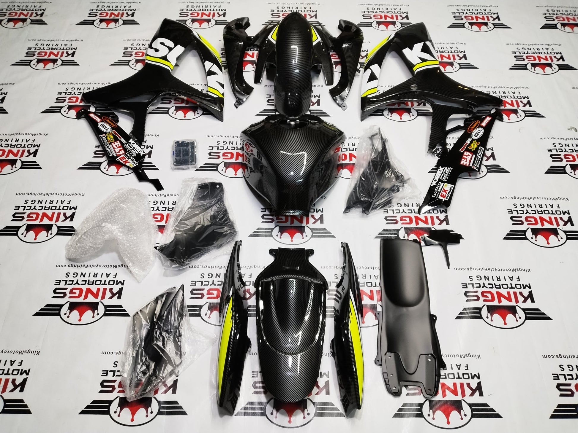SUZUKI GSXR600 FAIRING SET (2006-2007) FAUX CARBON FIBER, WHITE, NEON YELLOW at KingsMotorcycleFairings.com