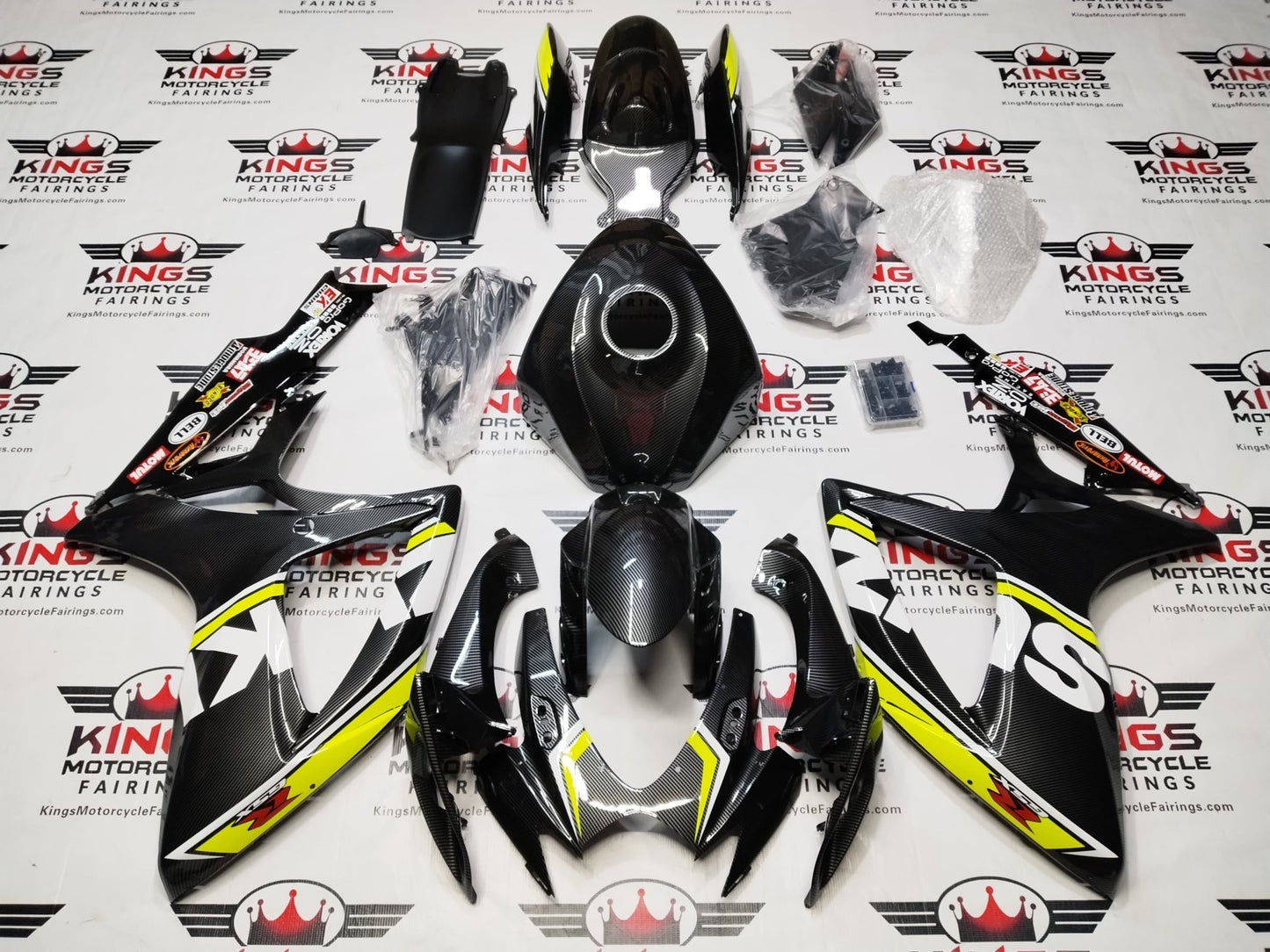 SUZUKI GSXR600 FAIRINGS (2006-2007) FAUX CARBON FIBER, WHITE, NEON YELLOW at KingsMotorcycleFairings.com