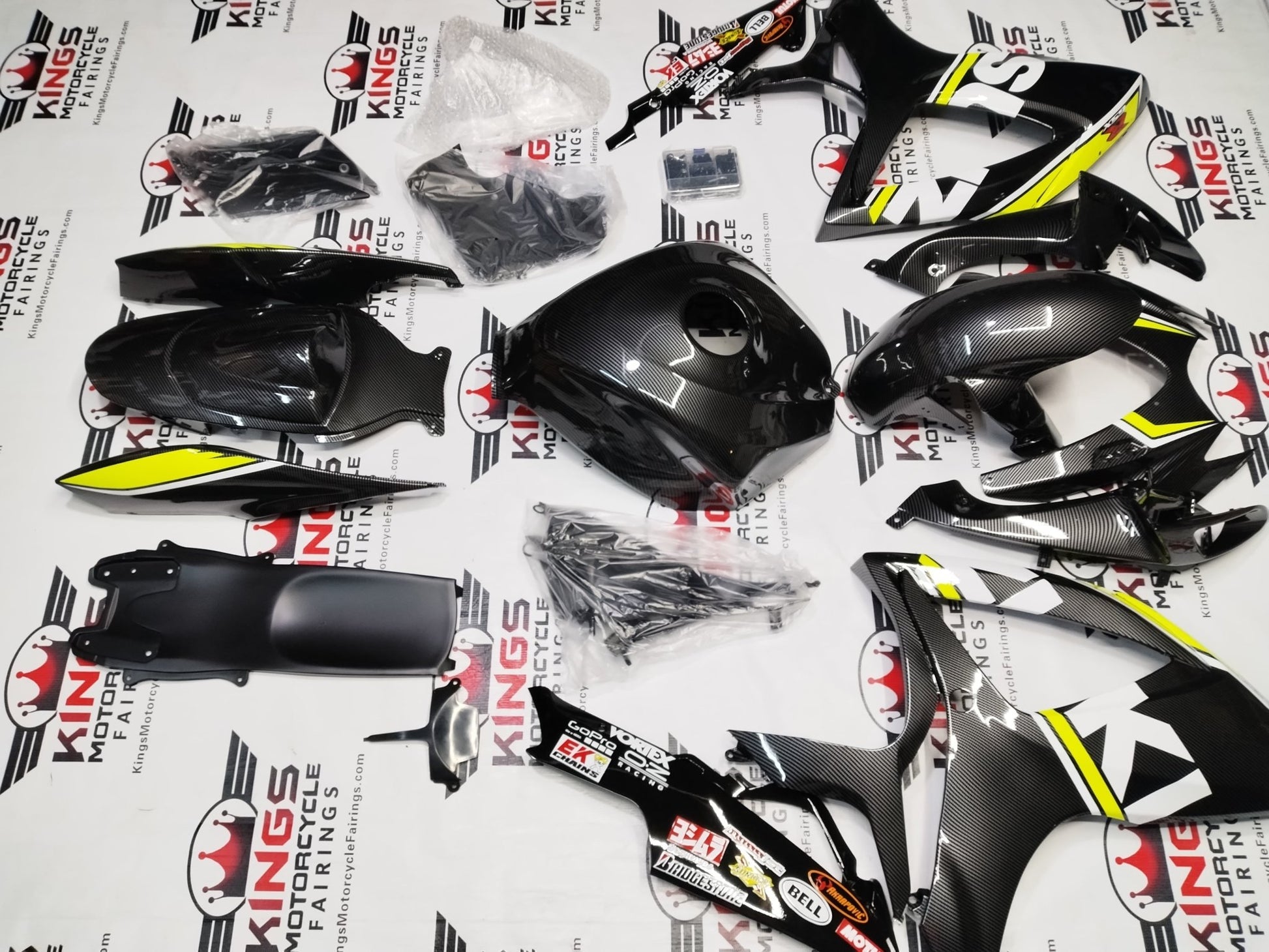SUZUKI GSXR600 FAIRINGS (2006-2007) FAUX CARBON FIBER, WHITE, NEON YELLOW from KingsMotorcycleFairings.com