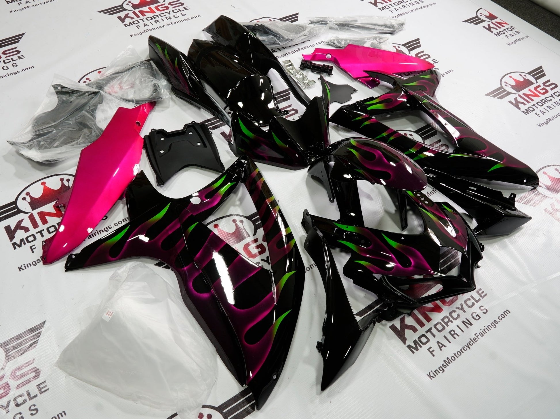 SUZUKI GSXR600 (2008-2010) BLACK, PINK & GREEN FLAME FAIRINGS at KingsMotorcycleFairings.com