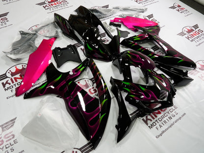 SUZUKI GSXR600 (2008-2010) BLACK, PINK & GREEN FLAME FAIRINGS at KingsMotorcycleFairings.com