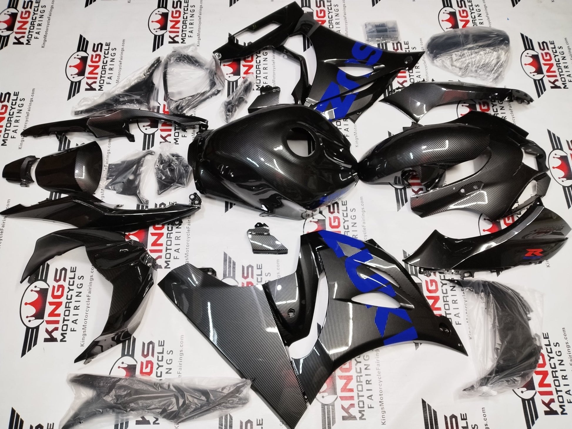 Suzuki GSX-R1000 Fairings (2017-2025) Faux Carbon Fiber, Blue, Red at KingsMotorcycleFairings.com