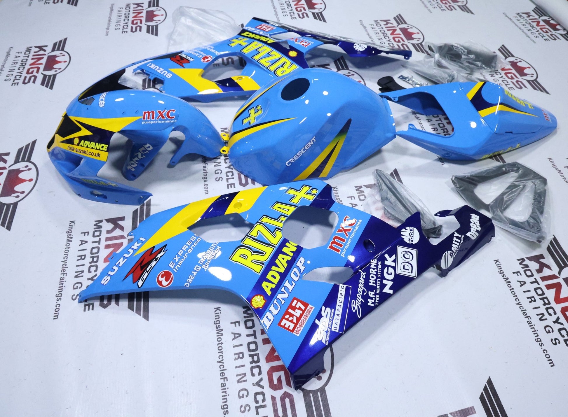 Suzuki GSX-R600 Fairings (2004-2005) Light Blue, Yellow, Blue Rizla at KingsMotorcycleFairings.com