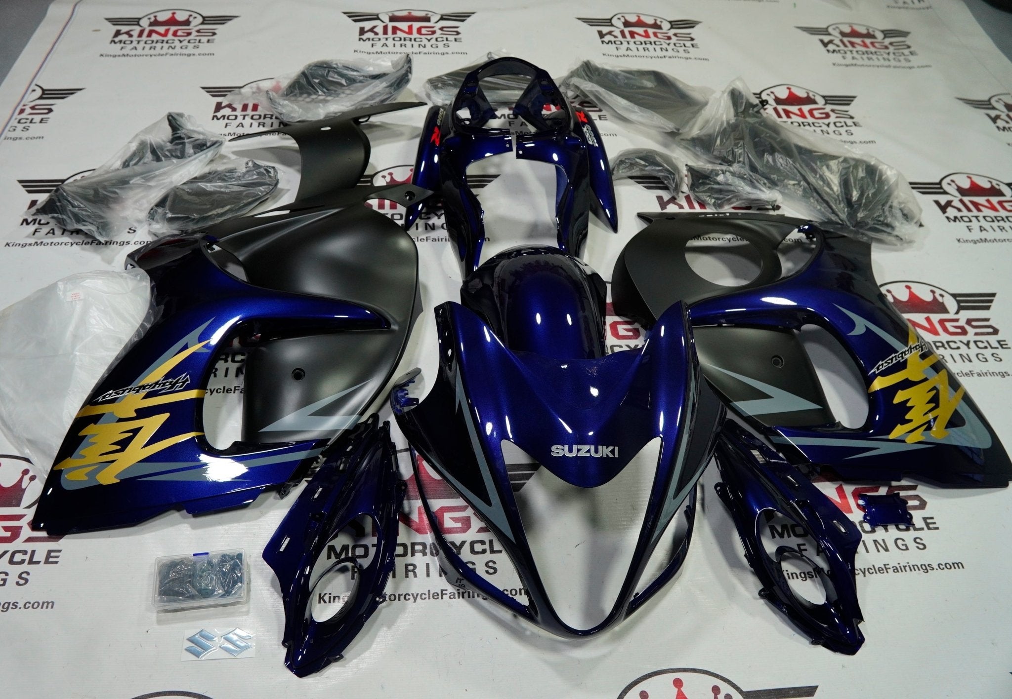 Suzuki GSX1300R Hayabusa Fairings (2008-2020) Dark Blue, Matte Black, Gold at KingsMotorcycleFairings.com