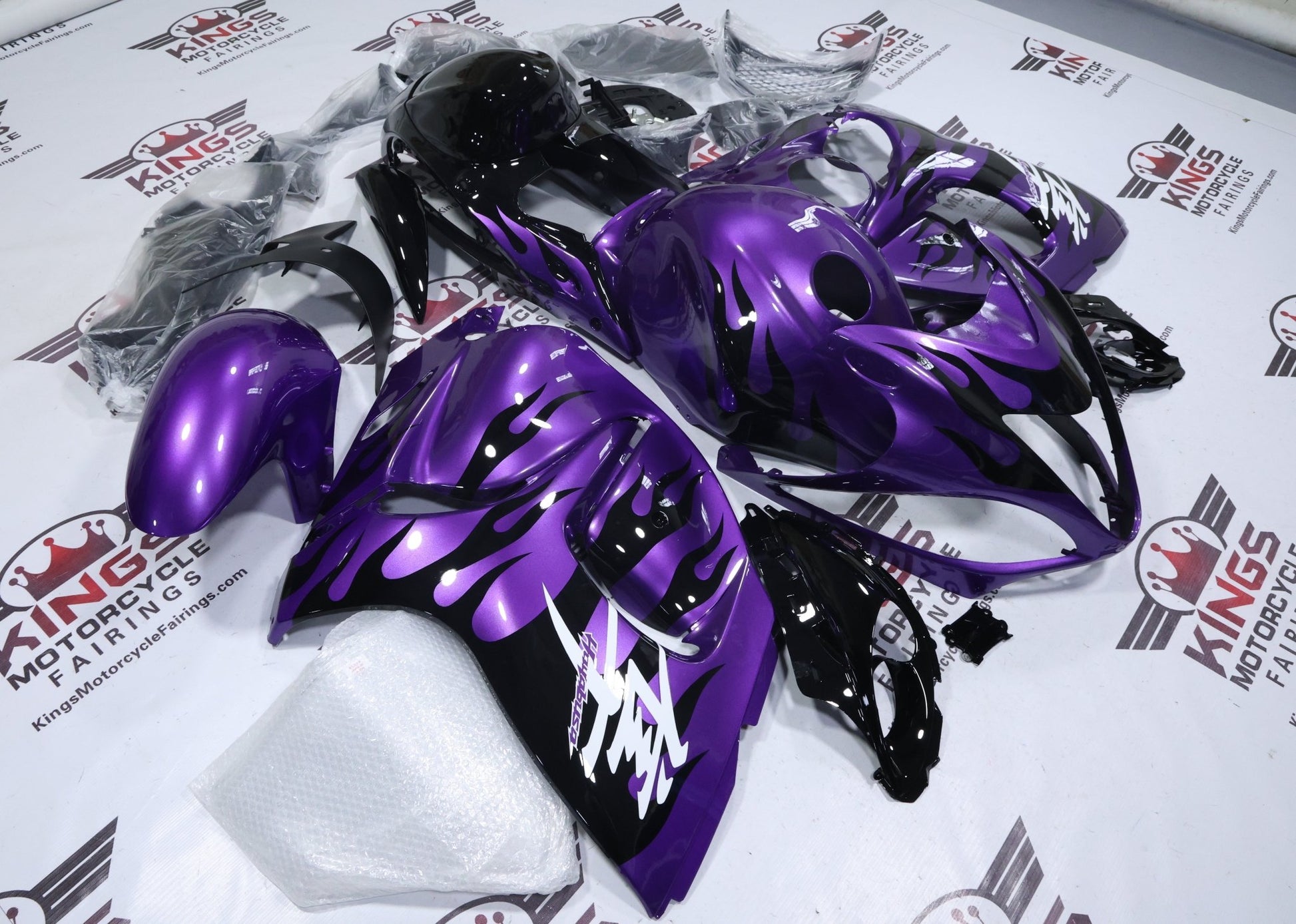 Suzuki GSX1300R Hayabusa Fairings (2008-2020) Purple, Black Flame at KingsMotorcycleFairings.com