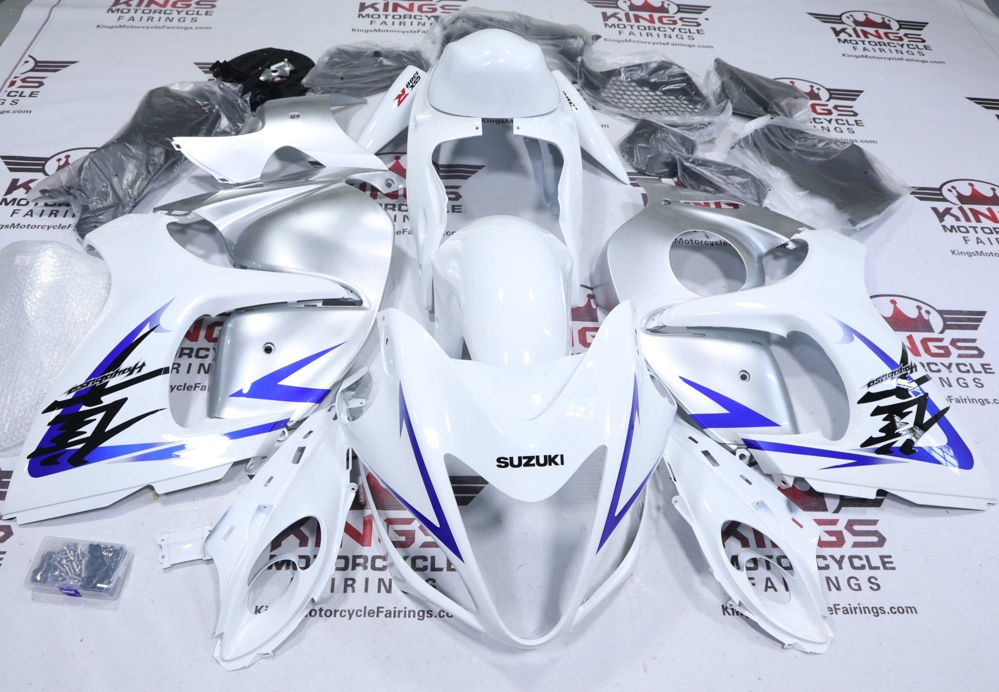 Shop Suzuki GSX1300R Hayabusa Fairings (2008-2020) White, Silver, Blue at KingsMotorcycleFairings.com