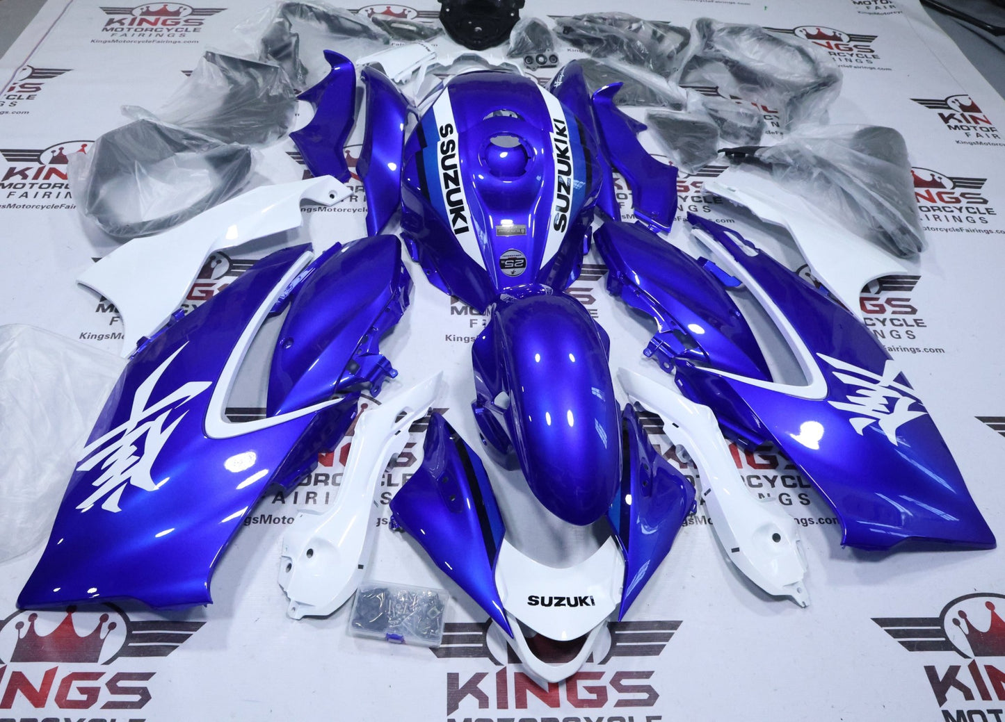 Suzuki GSX1300R Hayabusa Fairings (2021-2026) Blue Pearl, White from KingsMotorcycleFairings.com