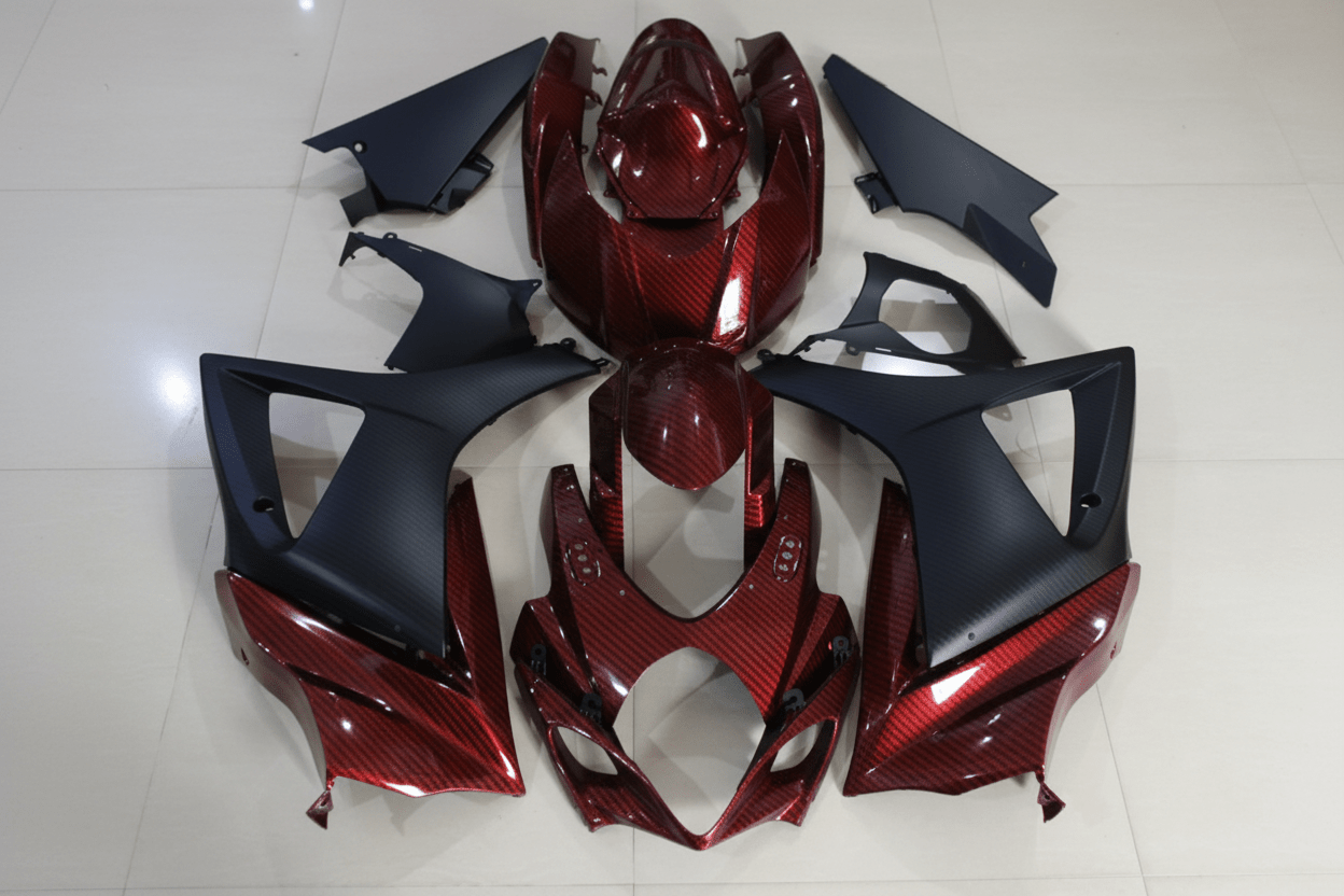 Suzuki GSXR1000 Fairings (2007-2008) Candy Red Faux Carbon Fiber, Black at KingsMotorcycleFairings.com