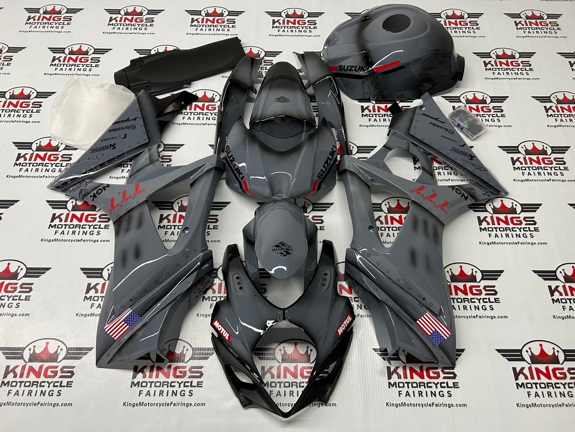 Suzuki GSXR1000 Fairings (2007-2008) Gray, Black, Red, US Flag at KingsMotorcycleFairings.com