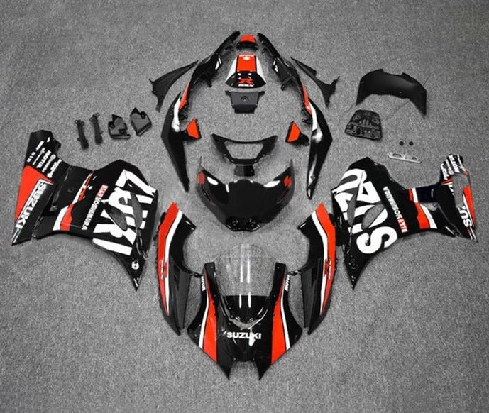 Suzuki GSXR1000 Fairings (2017-2025) Black, Red, White Stripe at KingsMotorcycleFairings.com